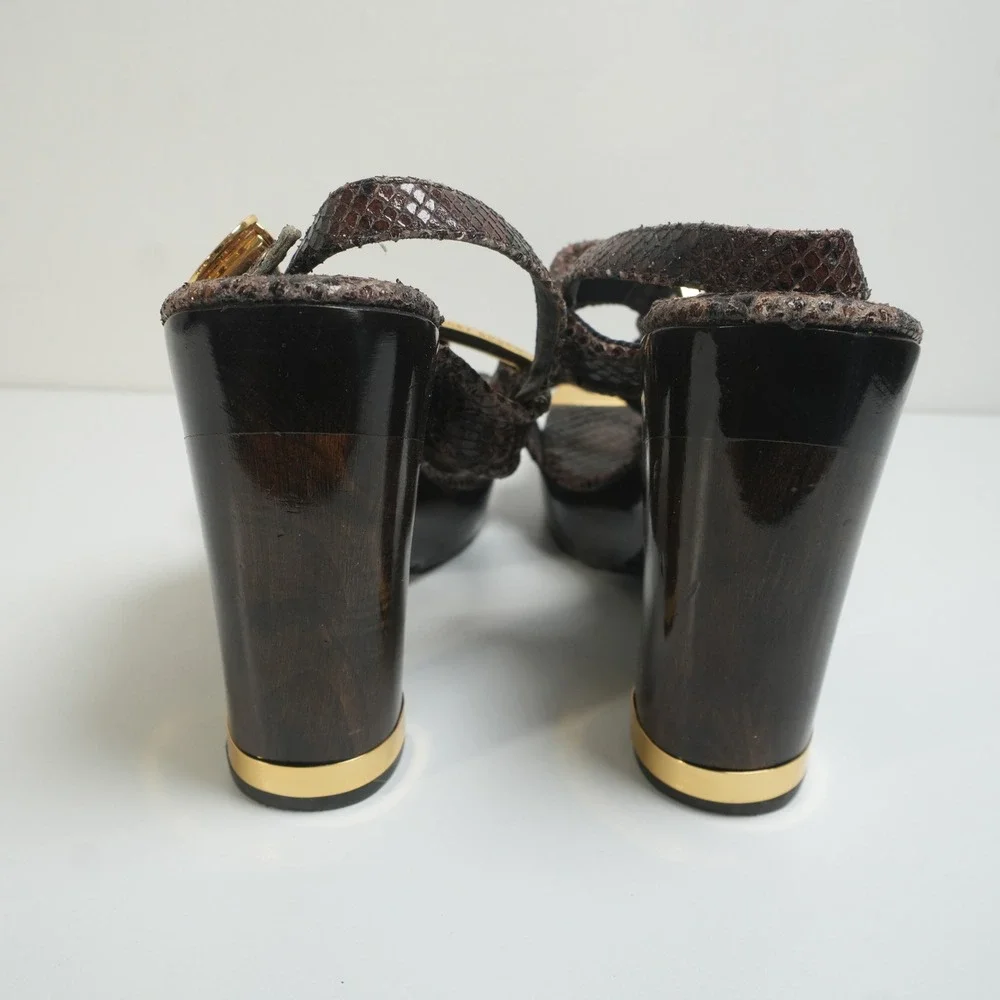 Tory Burch Karmen Platform Sandals 7M Brown Snakeskin Wood‎ Block Heel Gold